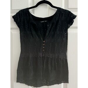 Gypsy 05 Black Eyelet Embroidered Lace Tassel Cap Sleeve Top Size Small